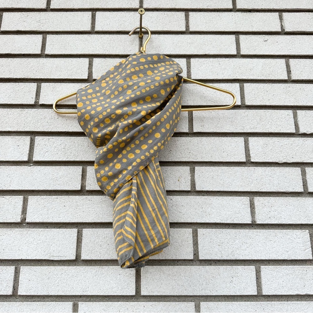 Asian Eye Block Print Cotton Scarf Yellow Gray Polka Dot Stripe Handcraft India